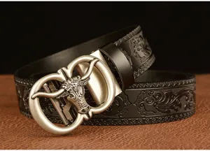 Men's automatic buckle leather belt featuring a detailed bull head metal design and embossed patterns.