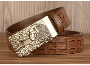 Men's retro automatic buckle belt with brown crocodile pattern cowhide and metal eagle design.