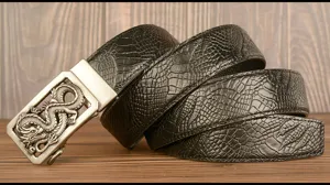 Men's leather belt with dragon automatic buckle and crocodile texture for business.