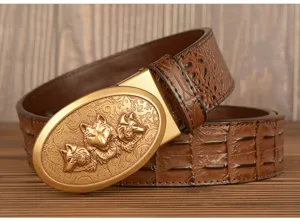 Men's retro crocodile pattern leather belt with gold three wolf head automatic buckle.