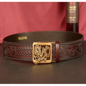 Men's embossed leather belt featuring an automatic metal dragon buckle and classic pattern for casual wear.