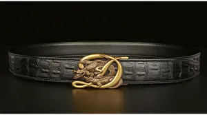 Men's automatic leather belt with stylish crocodile pattern and gold buckle for business.