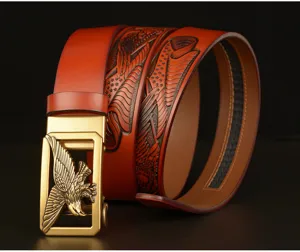 Men's leather belt with golden eagle auto buckle and embossed vintage strap design casual style