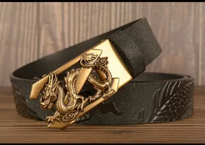 Men's automatic buckle leather belt with 3D embossed dragon design, vintage Chinese style.