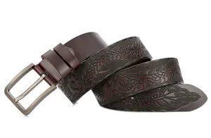 Detailed view of men's genuine leather belt with embossed dragon craft and metal pin buckle.