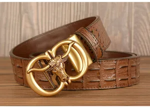 Men's retro crocodile pattern leather belt with a stylish gold bull head automatic buckle.