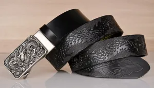 Men Leather Belt Embossed Dragon Automatic Buckle Casual Jeans Cowhide Belt Style