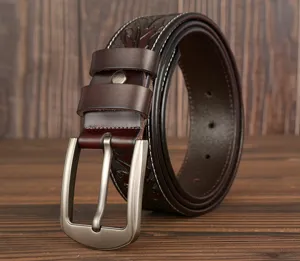 Classic men's genuine leather belt with embossed floral pattern and metal buckle casual.