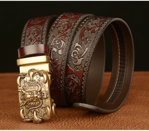 Men's vintage embossed leather belt with luxury dragon claw automatic metal buckle for daily wear.