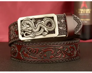 Men's leather automatic buckle belt featuring dragon metal buckle and classic embossed pattern.