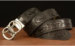 Men's automatic buckle leather belt with exquisite embossed Tang grass pattern and bull head buckle.