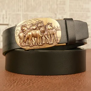 Men's Business Casual Leather Belt Automatic Ratchet Buckle Wolf Head Embossed Genuine Cowhide Waistband For Men Jeans Pants
