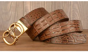 Men's retro bull head automatic buckle belt, brown crocodile pattern cowhide casual jeans belt.