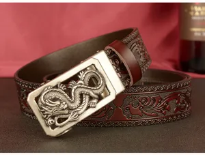Men's leather belt detail showcasing the exquisite dragon metal buckle and embossed strap.