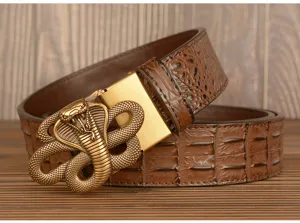 Men's brown crocodile pattern leather belt with a unique golden cobra buckle stylish accessory
