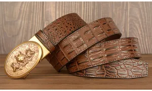 Men's vintage genuine leather belt with automatic buckle and crocodile pattern design.
