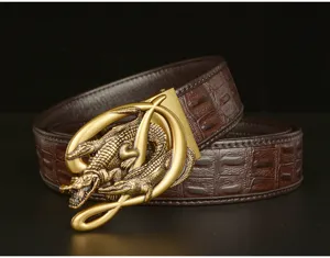 Men genuine leather belt with metallic crocodile buckle stylish business casual accessory.
