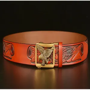 Men's leather belt with eagle automatic buckle, stylish embossed strap for casual jeans wear.
