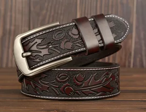 Detailed shot of a vintage embossed brown leather men's casual belt with metal pin buckle.