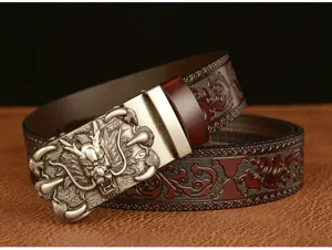 Men vintage leather belt with dragon automatic buckle and embossed pattern detail.