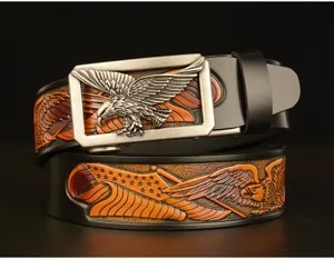 Men genuine leather automatic belt with stereo metal eagle buckle and carved strap design