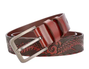 Detailed view of men's embossed leather belt featuring intricate dragon pattern and vintage buckle.