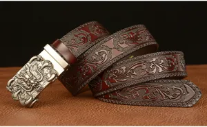 Men's leather belt with carved retro dragon automatic buckle fashion casual trousers strap
