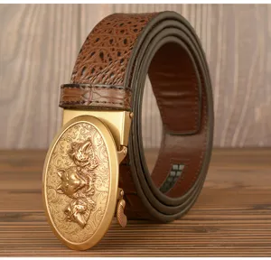 Men's vintage leather belt with crocodile pattern and golden three-wolf head automatic buckle.