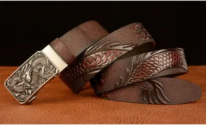 Men's embossed dragon leather belt with metallic automatic buckle for casual jeans wear.