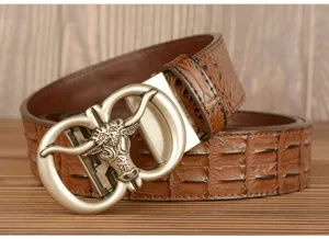 Detailed close-up of the vintage bull head automatic buckle men's belt with crocodile texture.