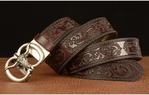 Men's leather belt automatic buckle stylish embossed Tang grass pattern casual trousers belt