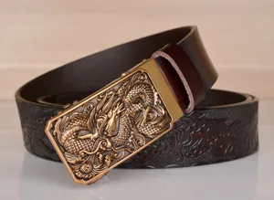 Men's leather belt featuring a metallic gold embossed dragon automatic buckle and stylish strap.