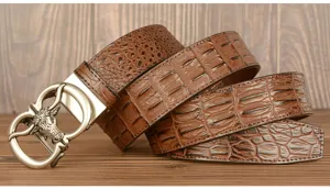 Men's retro brown leather belt with crocodile pattern and metal bull head automatic buckle.
