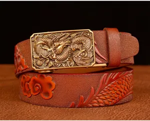 Men's embossed dragon leather belt with automatic metal buckle, casual fashion accessory detail.
