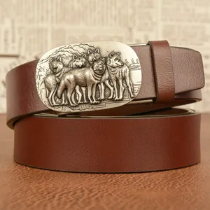 Men's genuine leather business casual belt with alloy wolf head relief buckle stylish automatic design.