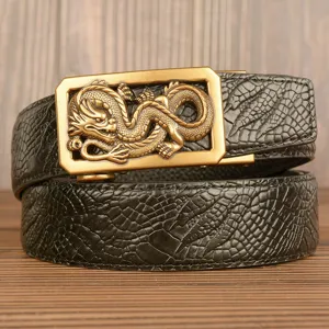 Men's Retro Automatic Buckle Leather Belt Featuring Crocodile Pattern And Metal Dragon Head Buckle For Business And Casual Wear