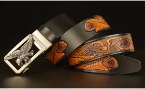 Men's leather belt with eagle automatic buckle, embossed cowhide strap for casual jeans.
