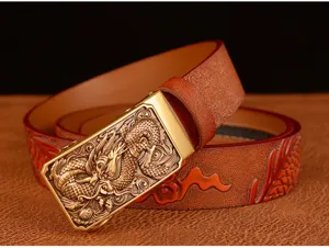 Men's embossed cowhide leather belt featuring a detailed 3D dragon automatic metal buckle.