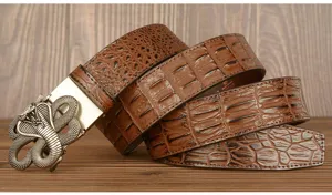 Men's leather belt with crocodile pattern and stylish cobra metal buckle for casual wear.