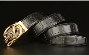 Men's leather belt with stylish crocodile metal automatic buckle, casual business wear.
