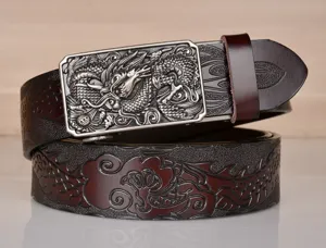 Embossed dragon leather belt detail shot, premium cowhide strap with durable automatic metal buckle.