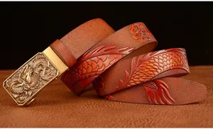 Men's embossed leather dragon belt with automatic metal buckle, casual fashion jeans belt.