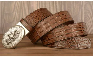Mens automatic buckle leather belt with retro three wolf heads and stylish crocodile pattern design.