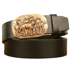 Men's black leather belt with cool bronze wolf pack relief metal automatic buckle for casual wear.