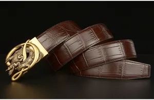 Men's brown leather belt with embossed crocodile pattern and gold tone metal automatic buckle.