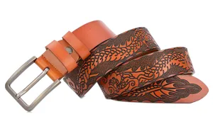 Detailed view of a stylish men's brown leather belt with exquisite embossed dragon patterns.