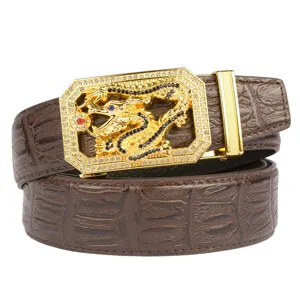 Men's leather belt with gold rhinestone dragon automatic buckle for luxury style.