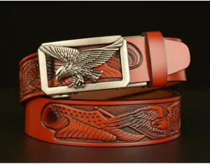 Detailed close-up view of men's genuine leather belt featuring metal eagle automatic buckle.