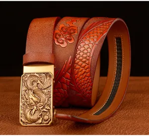 Men's embossed dragon leather belt with golden automatic buckle, stylish casual jeans belt.