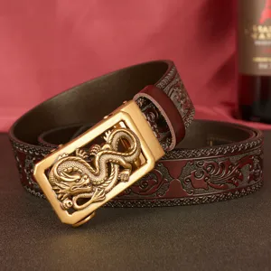 Men leather belt with gold dragon automatic buckle and embossed pattern fashion accessory